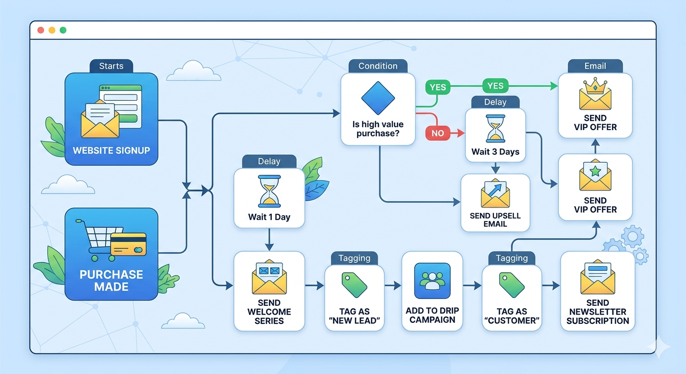 Moosend email automation workflow showing triggers, conditions, and automated actions