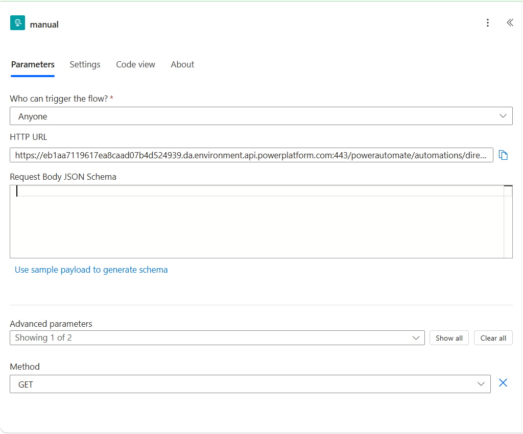 Trigger config for Host a webpage flow